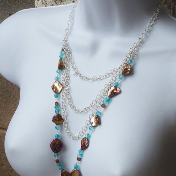 Handmade Shell Statement Necklace with Blue Glass Beads and Multi Strand Chains - Picture 9 of 15